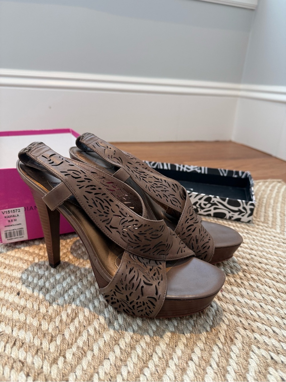 Diane von Furstenberg Kamala Bronze Platform Heels, Size 8.5
